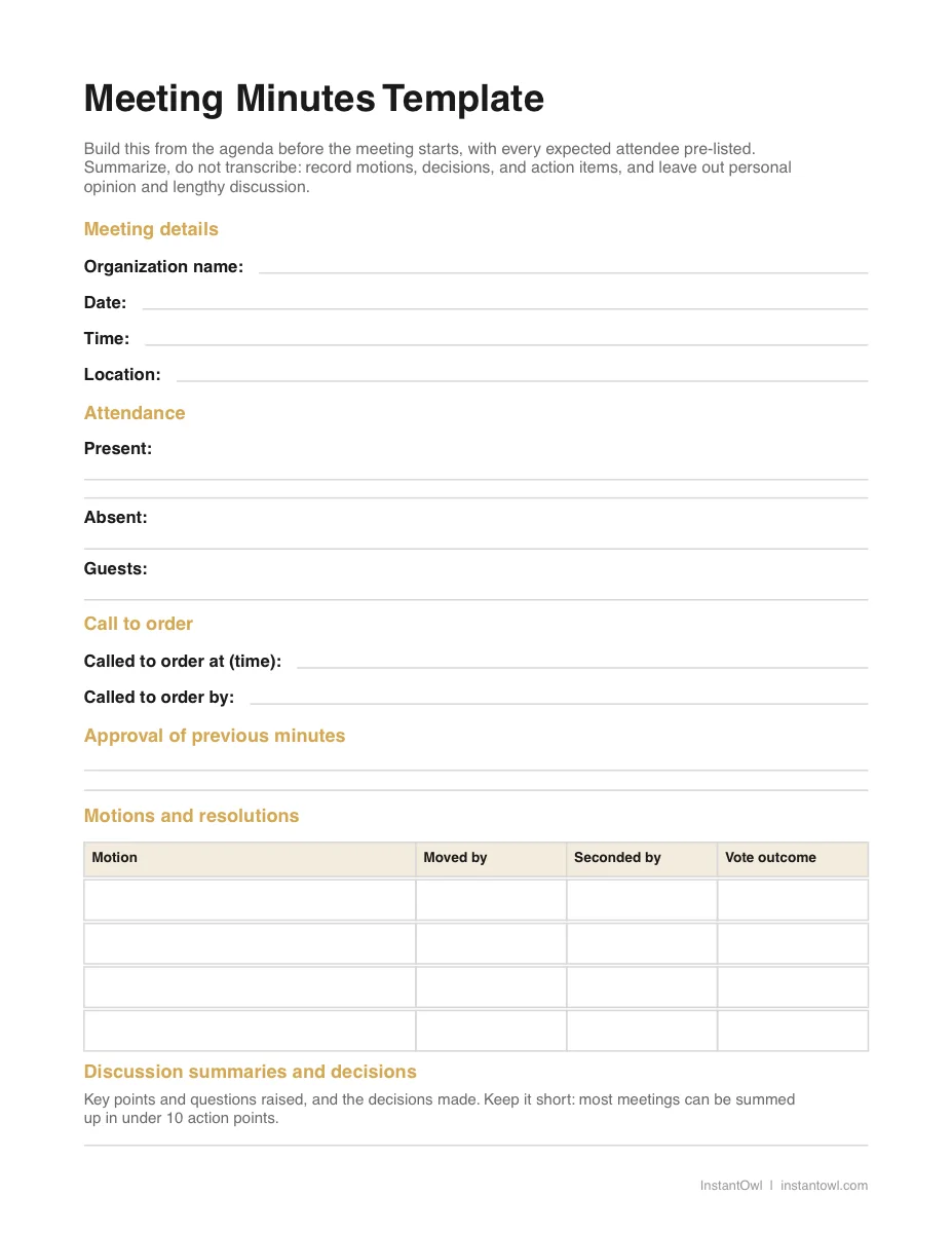 Preview of the first page of the meeting minutes template (PDF)