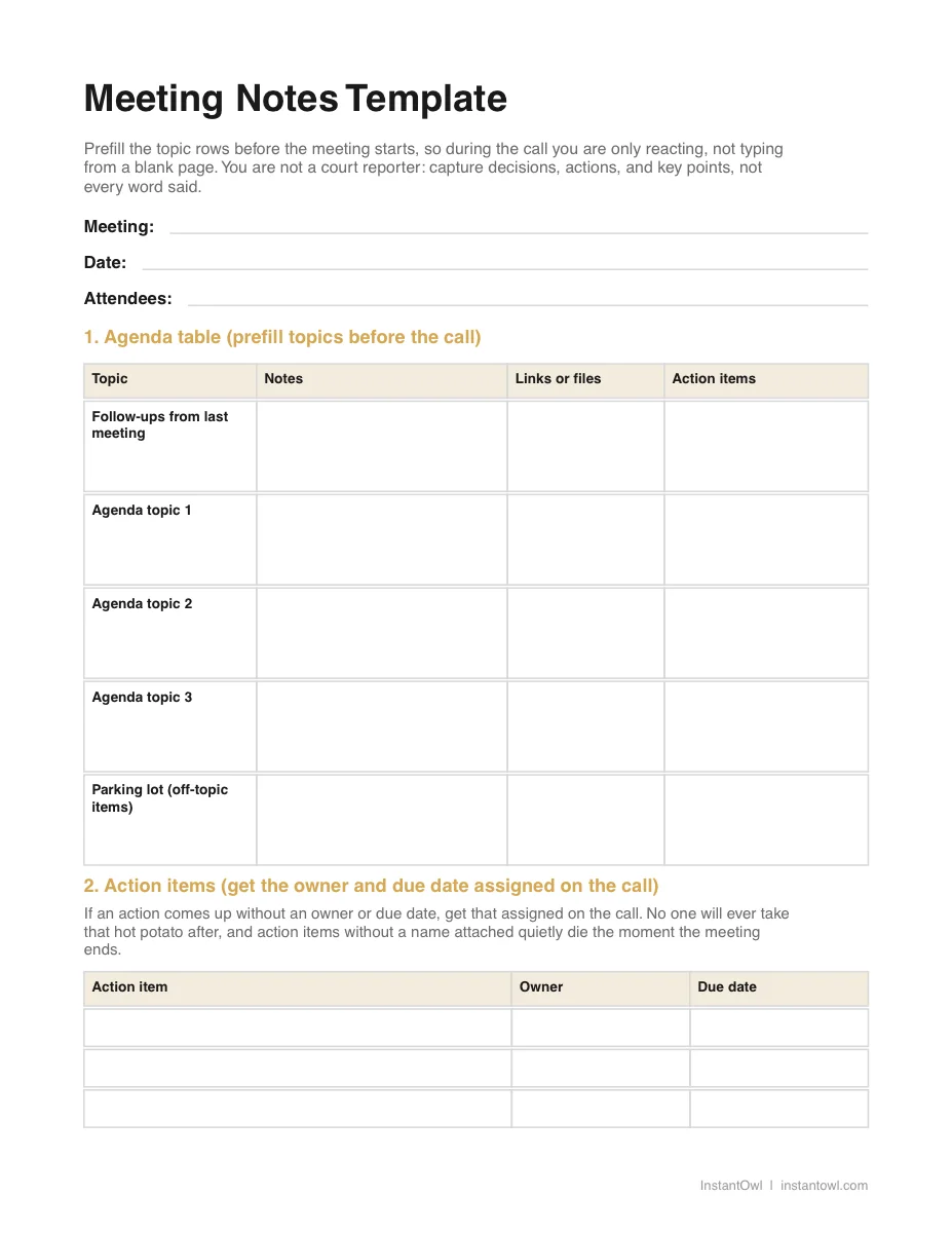 Preview of the first page of the meeting notes template (PDF)