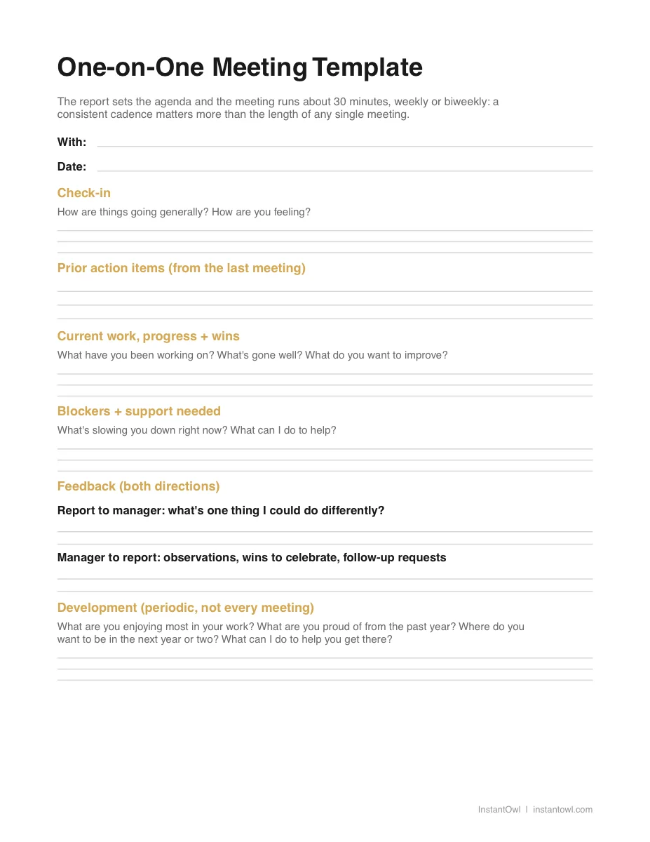 Preview of the first page of the one-on-one meeting template (PDF)