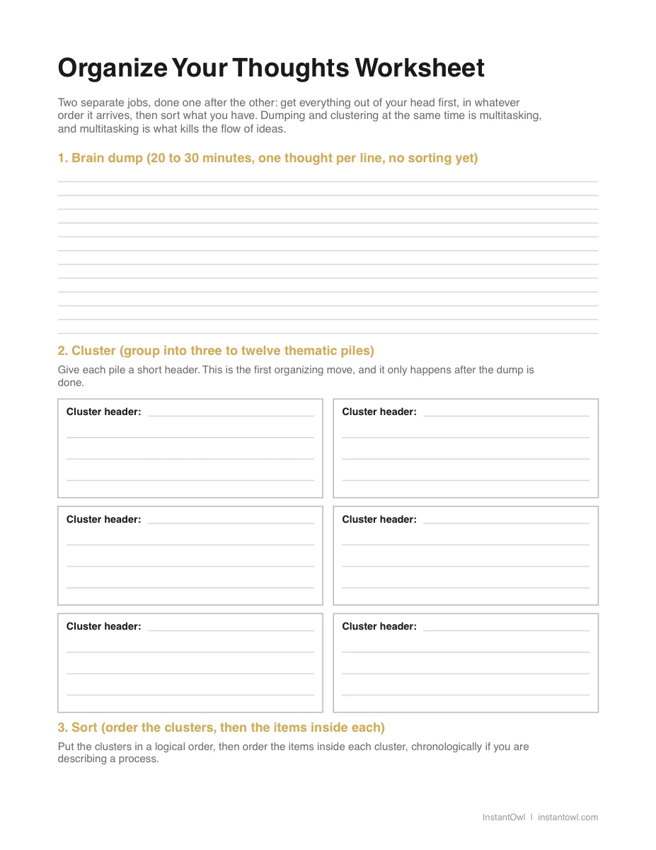 Preview of the first page of the organize-your-thoughts worksheet (PDF)